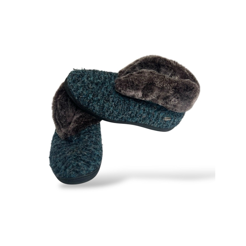Acorn Woman's Blue & Black Sweater Faux Chinchilla Trim Booties‎ Slippers Sz 9.5